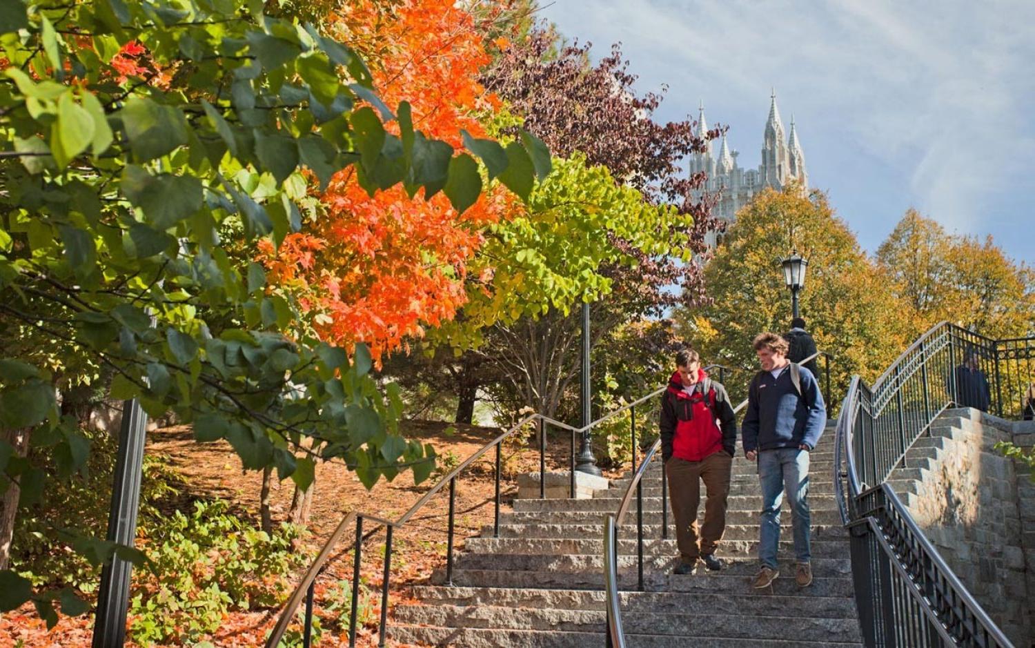 Students walking down stairs in fall